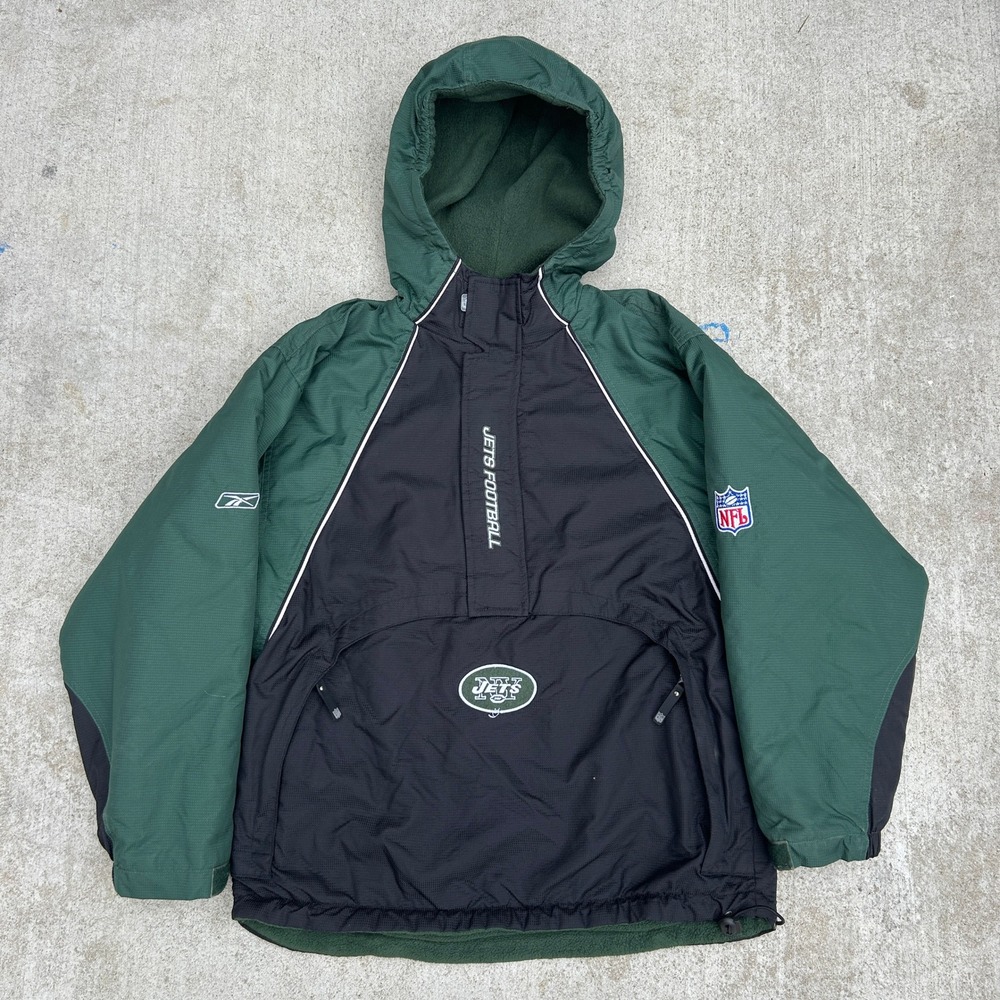 Reebok NFL New York Jets Jacket Kids Large Green Black Hooded Fleece Lined Y2K